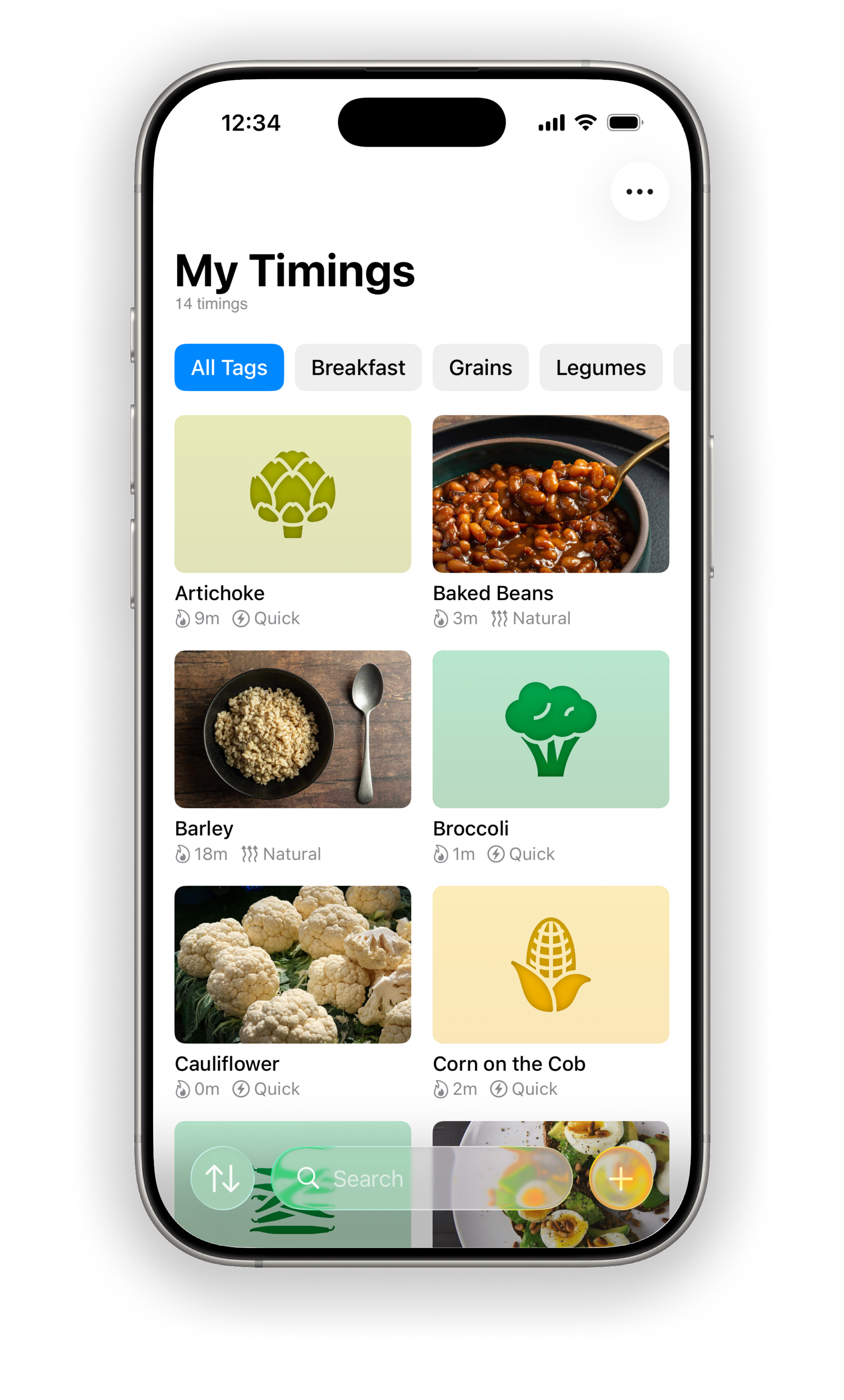 My Timings screenshot Cropped screenshot of a mobile app titled “My Timings,” showing a list of foods with cooking times. Items include Steel-Cut Oats (35 min), Quinoa (23 min), Long-Grain White Rice, and Long-Grain Brown Rice, each with a photo and timer icon.