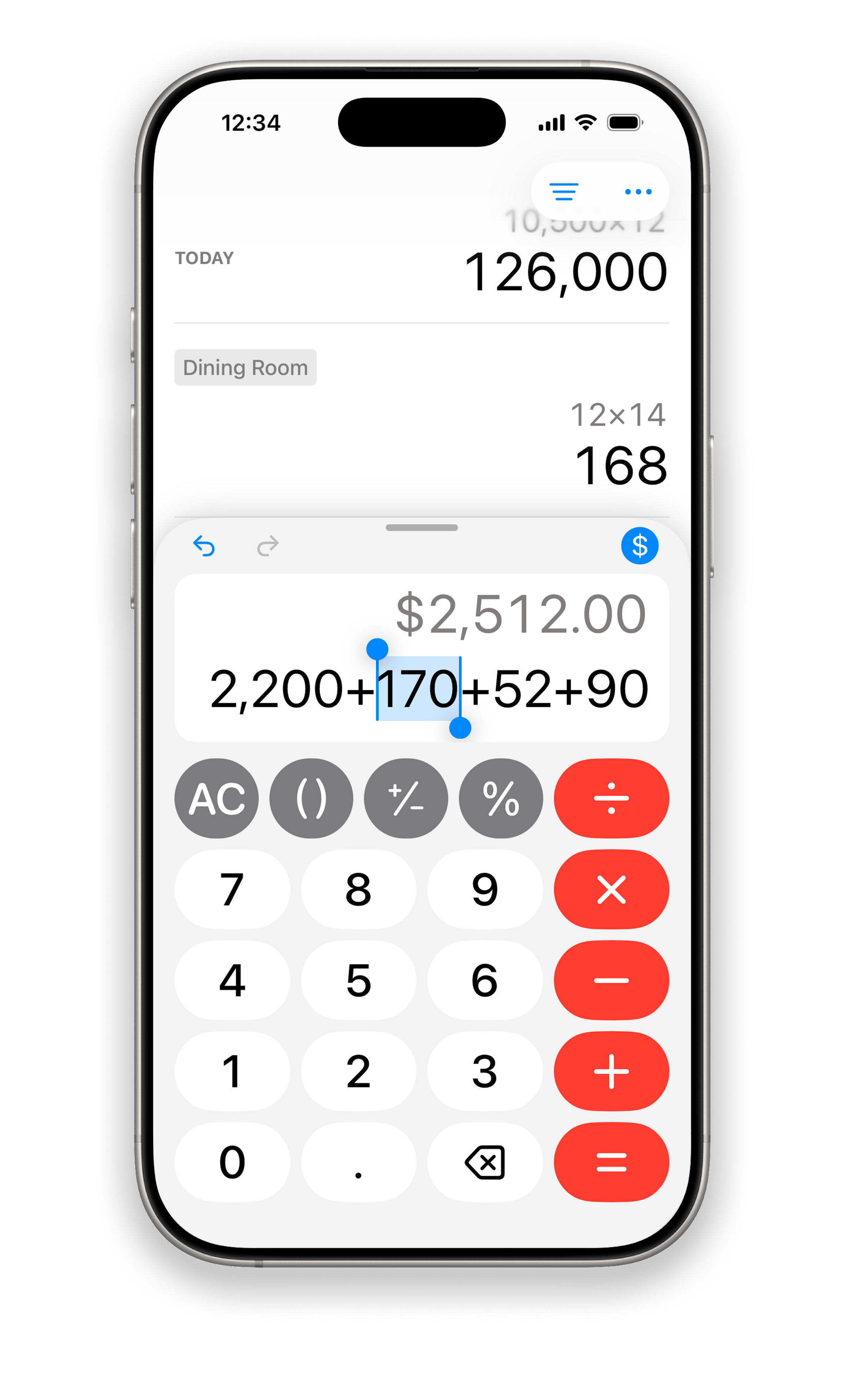 Dash Calc screenshot Screenshot of the Dash Calc app displaying a multi-operator calculation ("1.05 × 56 + 5.99 = 64.79") in the center, two previous calculations at the top, and a standard calculator keypad with gray and red buttons at the bottom.