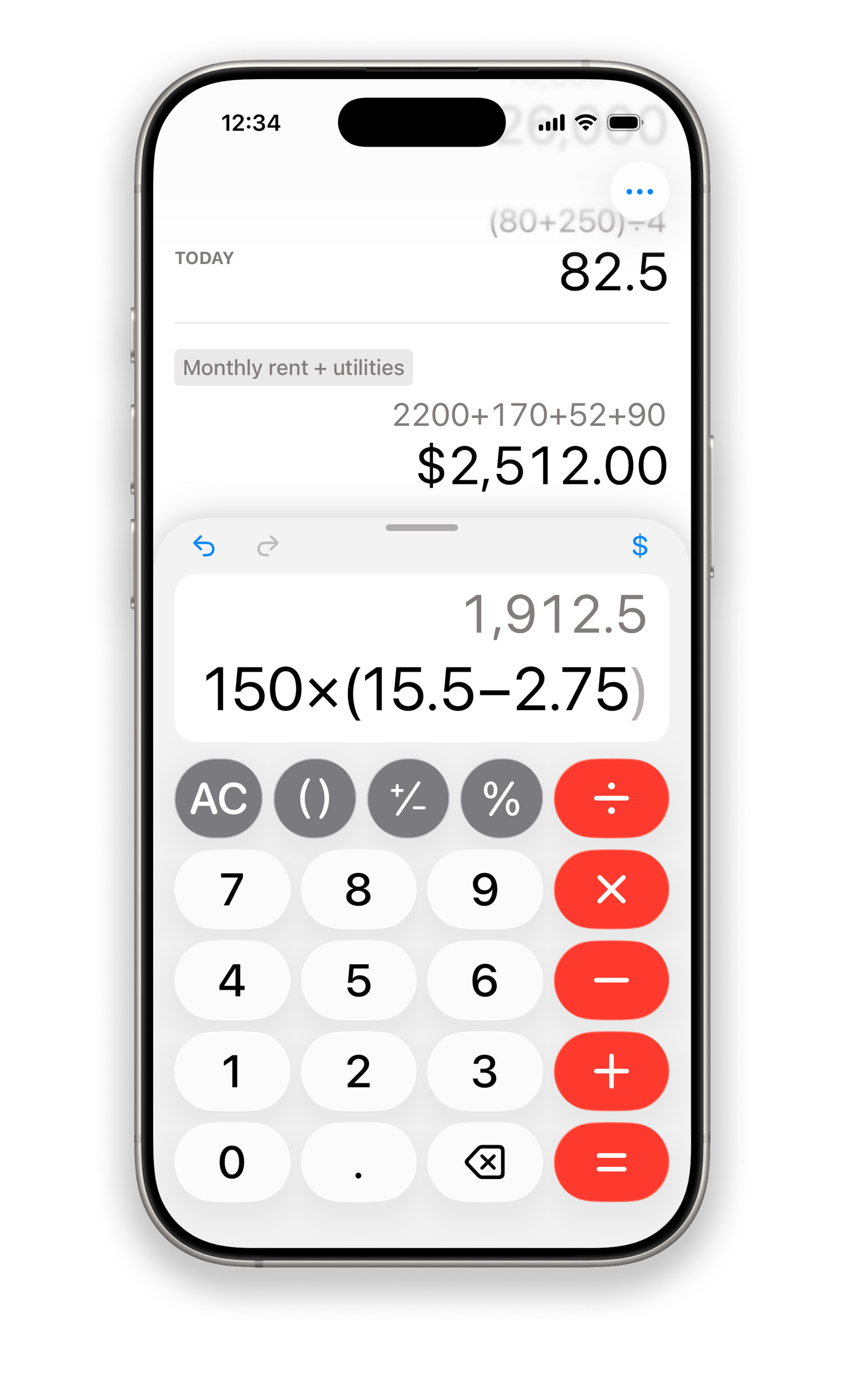 Dash Calc screenshot Screenshot of the Dash Calc app displaying a multi-operator calculation ("1.05 × 56 + 5.99 = 64.79") in the center, two previous calculations at the top, and a standard calculator keypad with gray and red buttons at the bottom.