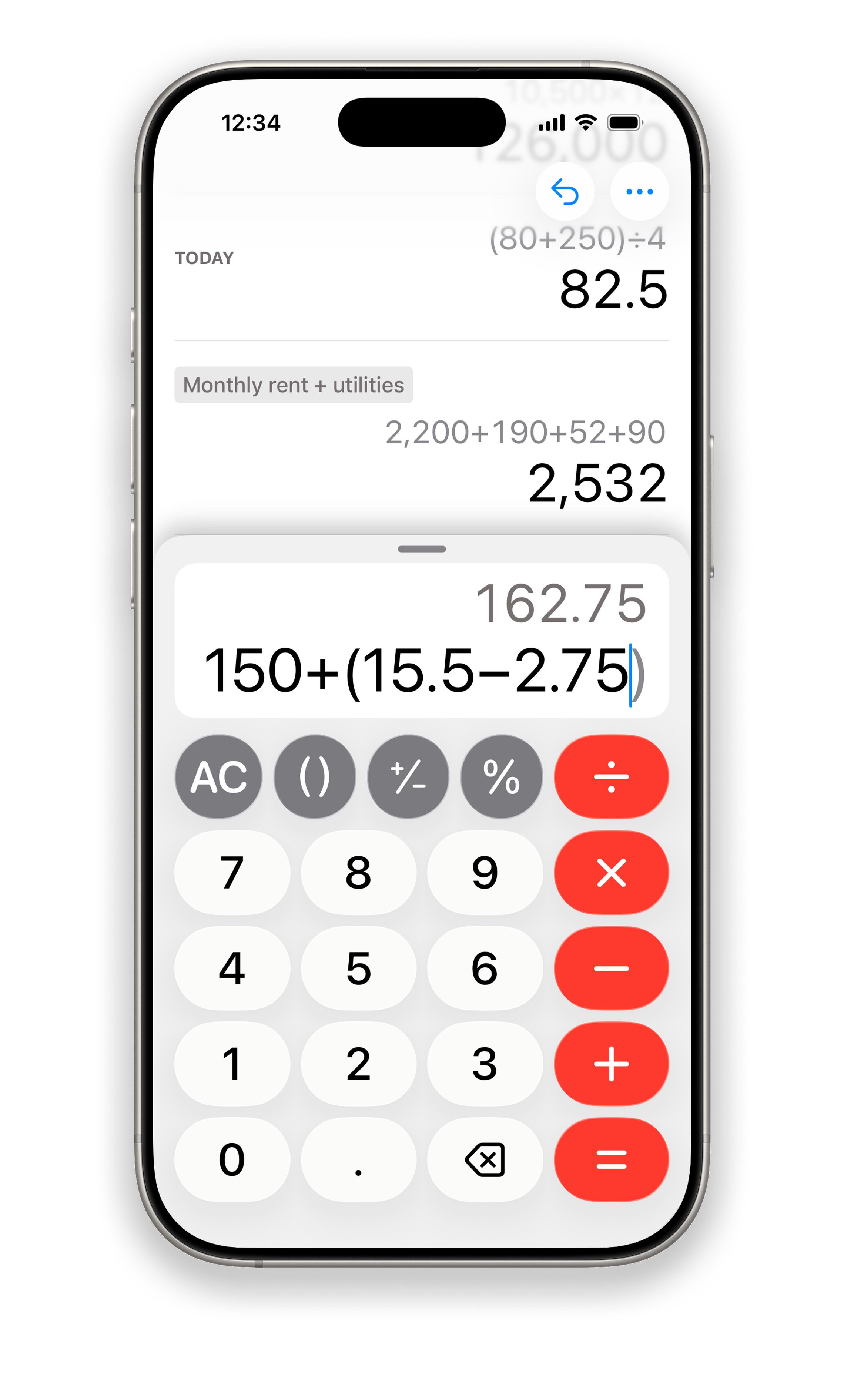 Dash Calc screenshot Screenshot of the Dash Calc app displaying a multi-operator calculation ("1.05 × 56 + 5.99 = 64.79") in the center, two previous calculations at the top, and a standard calculator keypad with gray and red buttons at the bottom.